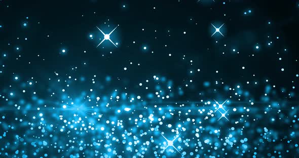 Animation of multiple glowing blue spots of light moving in hypnotic motion on blue background alt