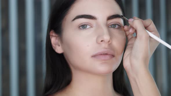 Close Up Hands of Makeup Artist Applies Makeup to Eyebrows