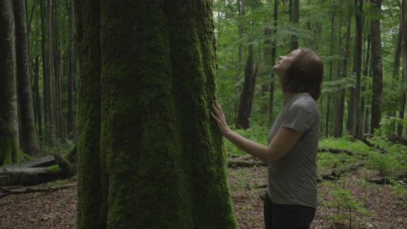 Young Adult Female Tourist Tired of Hiking and Having Rest By Tree with Moss