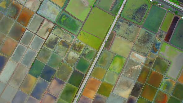 An aerial view of salt production at Mae Klong, Samut Songkhram, Thailand