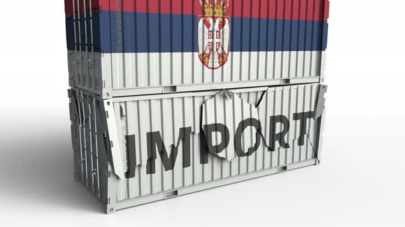 Container with Flag of Serbia Breaking Container with IMPORT Text