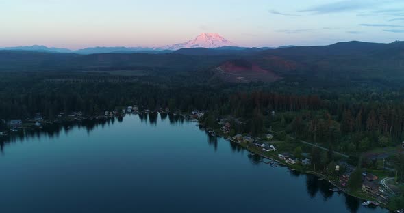 Mt Rainier Lake Aerial Rising Up