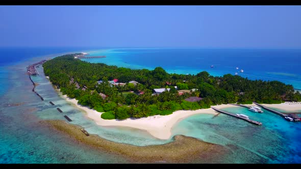Aerial flying over tourism of paradise sea view beach adventure by transparent ocean with white sand