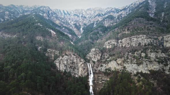 Aerial View Beautiful Waterfall in the Mountain