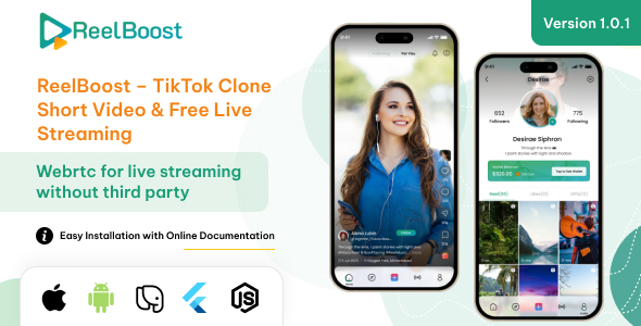 ReelBoost – TikTok Clone App | Short Video & Live Streaming App With Admin Panel (Node,js Backend)