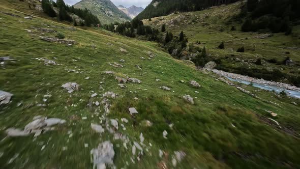 Switzerland Alp Alpine Drone Aerial Glide Fly Through and Over River