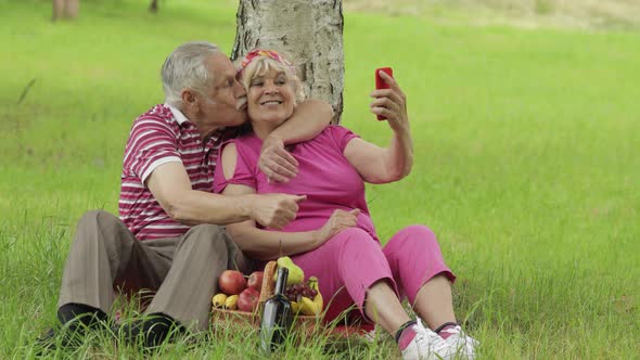 Family Weekend Picnic. Senior Old Grandparents Couple in Park Using Smartphone Online Video Call