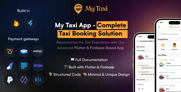 MyTaxi โ Complete Flutter Taxi app, Intercity & Parcel & Rental App with admin | Uber Clone