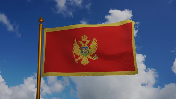 National flag of Montenegro waving with flagpole and blue sky timelapse