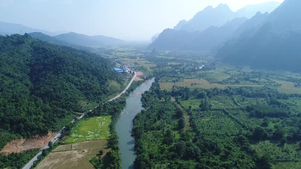 River near town of Vang Vieng in Laos seen from the sky