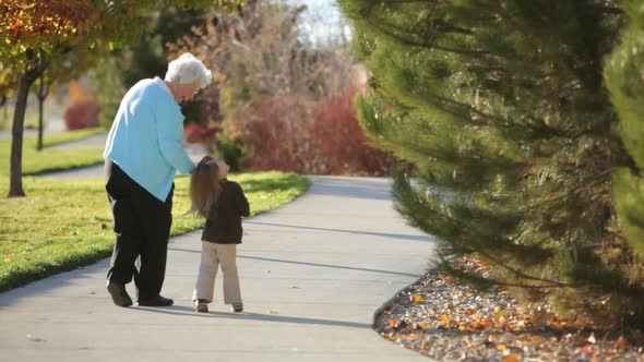 Great grandmother walking with young girl