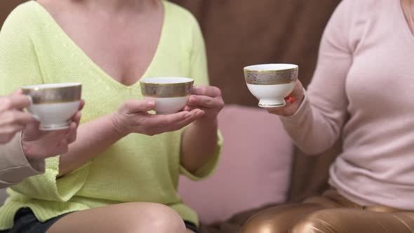 Unrecognizable Women Clinking Tea Cups Sitting on Brown Cozy Couch in Living Room Indoors