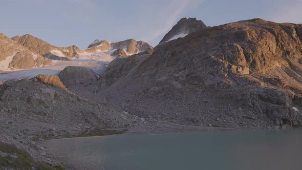 Panoramic View of Vibrant Colorful Glacier Lake Up in Rocky Mountains