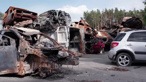 War in Ukraine a Dump of Shot and Burned Cars in Irpin Bucha District