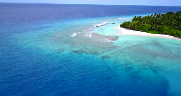 Natural birds eye tourism shot of a white sand paradise beach and blue ocean background 