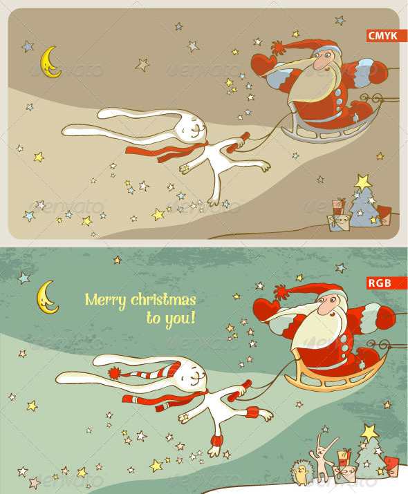 Santa Claus and White Hare. Christmas Card