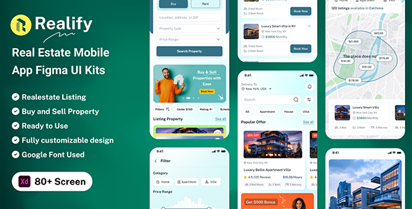 Realify – Real Estate Mobile App Adobe XD UI Kits