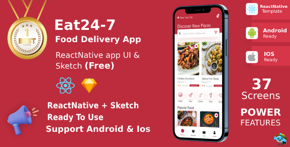 Eat 24/7 ANDROID + IOS | UI Kit | Reactnative | Food Delivery App | Sketch