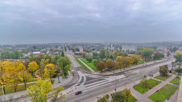 Road Intersection with Reconstructed Tram Tracks Aerial Panoramic Timelapse