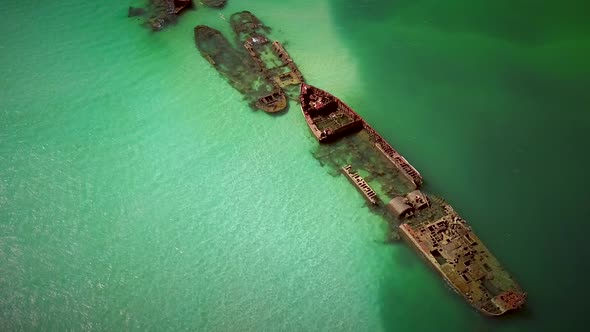 Aerial view of Moreton island shipwrecks in Australia.