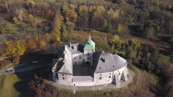 Aerial view of the Oleskiy Castle, located in Lviv Oblast, Ukraine