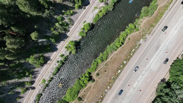 Aerial view of the Provo River as traffic moves on the highway