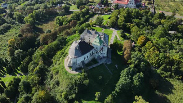 Aerial Shot Village Olesk Castle. Ukraine
