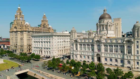 Aerial View Over the Three Graces at Pier Head in Liverpool  Travel Photography