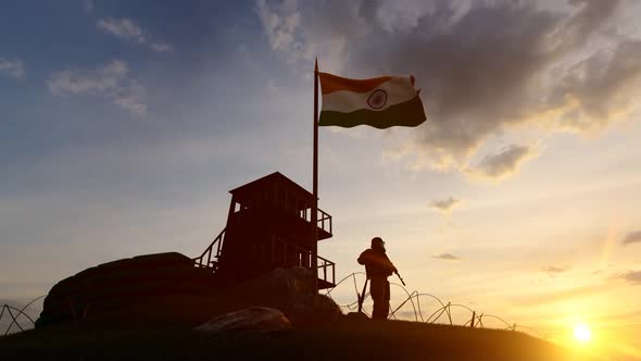 Indian Soldier Watching the Border at Sunset