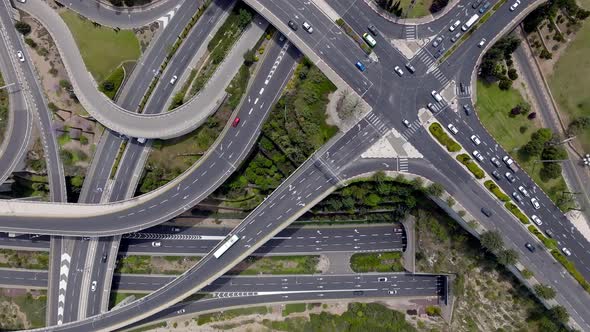 Massive multi level highway interchange with traffic on all routes, Aerial view.