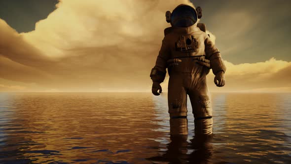 Spaceman in the Sea Under Clouds at Sunset alt