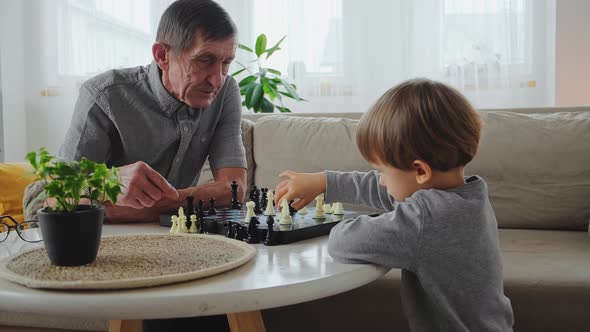 Senior Teacher Learning a 4 Year Old Child Playing Chess Sitting at the Table