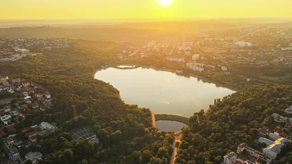 Aerial drone view of Valea Morilor park at sunset