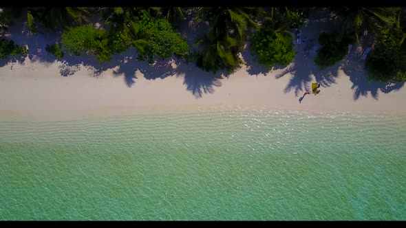 Aerial travel of relaxing seashore beach voyage by blue ocean with clean sandy background of a dayou