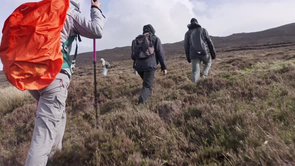 Group of Friends Walking Along Dirt Road in Irish Mountain in a Cloudy Day in Summer