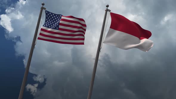 Waving Flags Of The United States And The Indonesia 4K