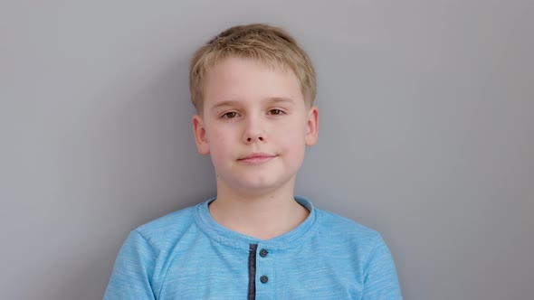 Portrait of Smiling Blond Boy Calmly Looking At Camera