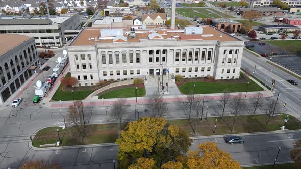 Aerial view Kenosha County, Wisconsin, Court House, on clear blue day. Autumn foliage glowing.