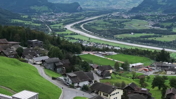 Scenic Panorama of Vaduz Valley By the River Rhine Liechtenstein Alps Mountains