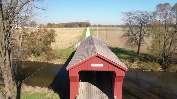 Swartz Covered Historic Red Bridge drone video above in Wyandot, Ohio.