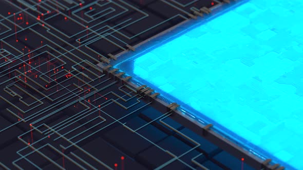 Circuit with glowing lines with dark background. alt
