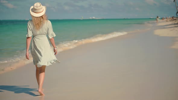 Leisure Happy Traveler Hot Sunny Day In Mexico Cancun. Sea White Sand Turquoise Water Caribbean.