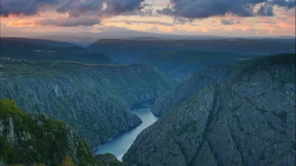 Sunset over River Sil Canyon, Galicia Spain. Timelapse