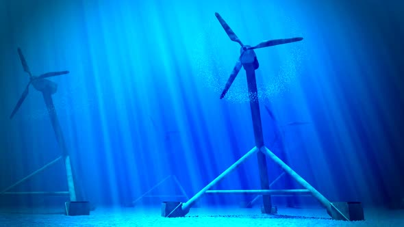 Animation of underwater tidal turbines working. Renewable energy. Loopable. HD