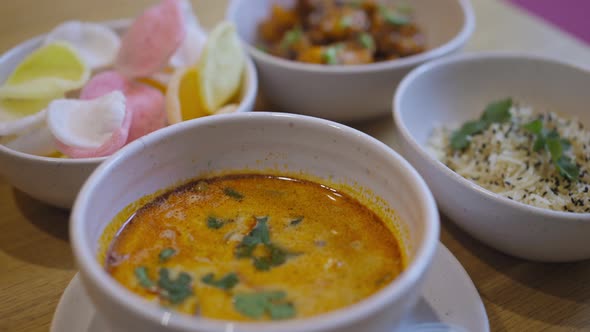 Live Camera Goes Forward Dishes with Seafood Standing on Table in Cafe