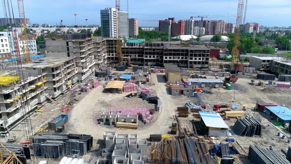 Construction of a new residential complex. City is growing. Drone footage