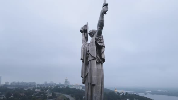 Symbol of Kyiv, Ukraine: Motherland Monument. Aerial View, Slow Motion. Kiev