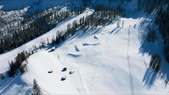 Aerial View of Famous Swiss Alpine Ski Resort Town in Winter
