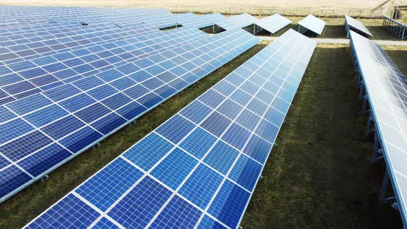 Aerial Drone View Flight Over Solar Power Station Panels