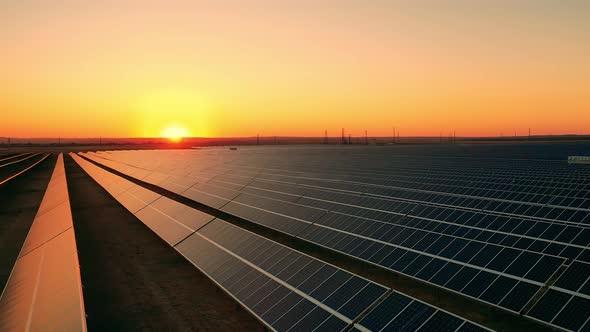 Aerial View of Solar Farm at Dusk